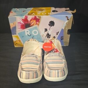 NWT Roxy Women's Striped Moccasins - Pink, Blue, Faux Fur Lined #6